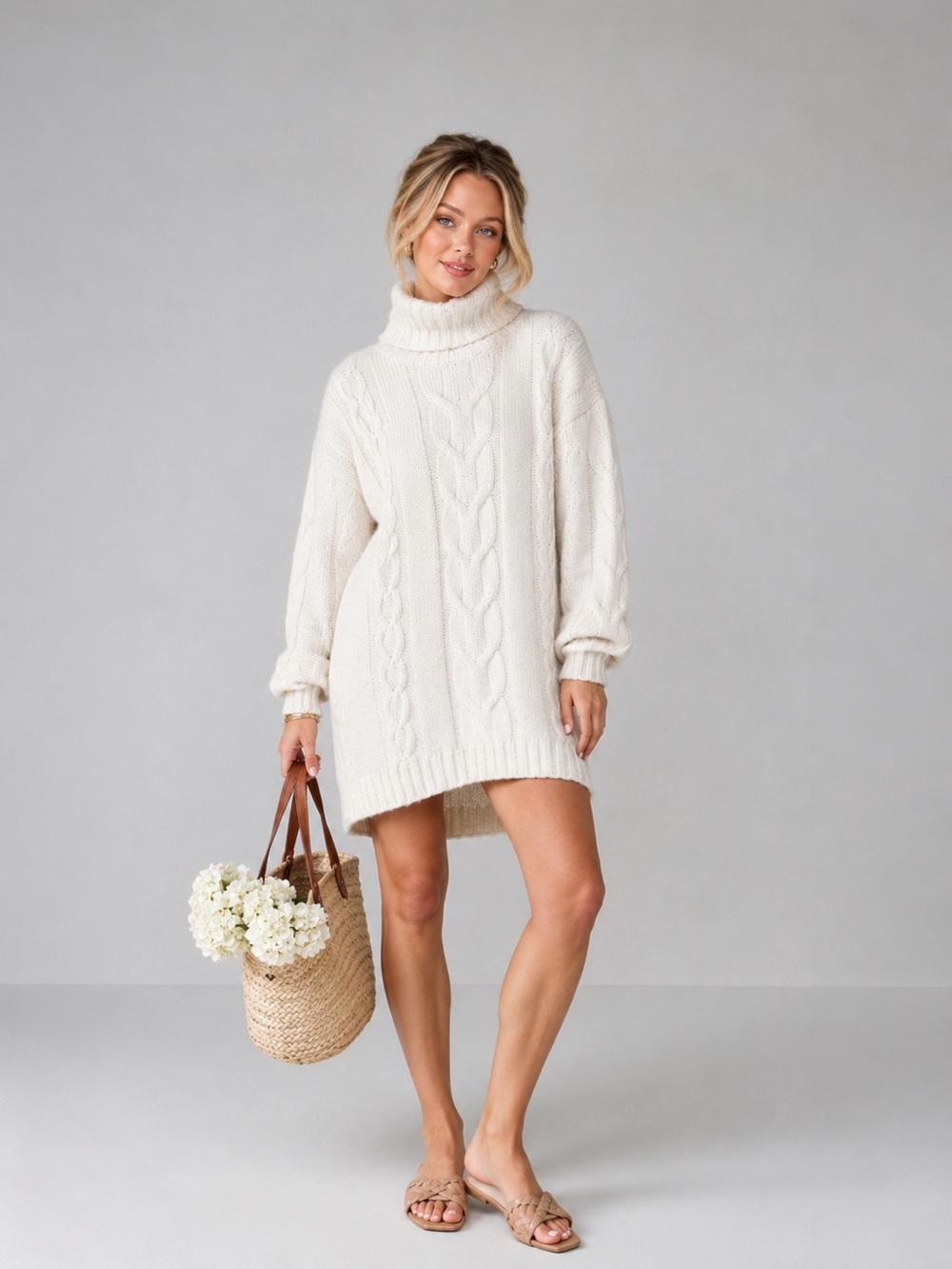 JustFab Cream Cable Knit Turtleneck Sweater Dress